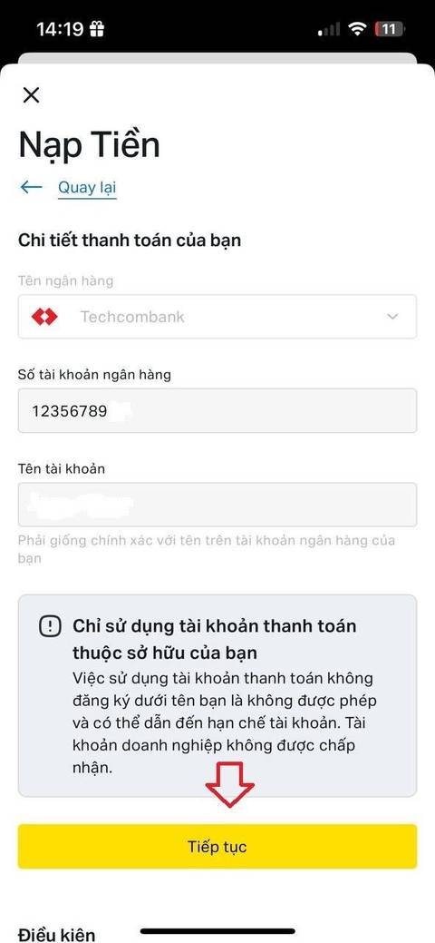Nạp tiền — bước 3