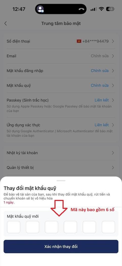 Đổi mật khẩu quỹ — bước 5
