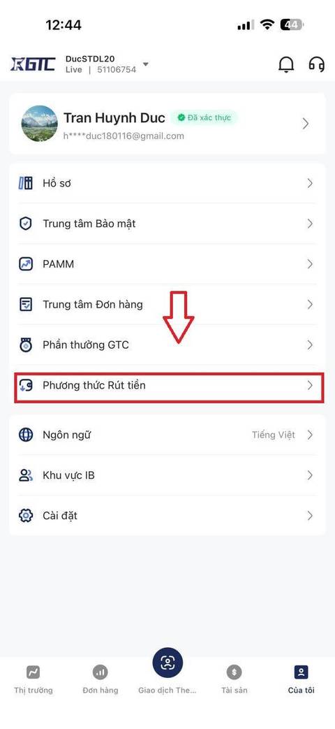Các phương thức rút tiền — bước 2