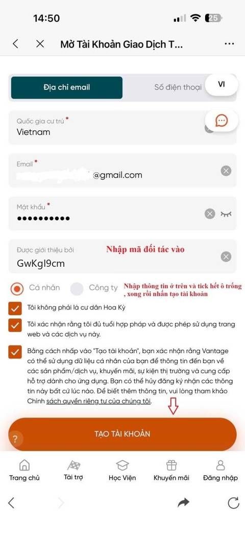 Tạo tài khoản — bước 2